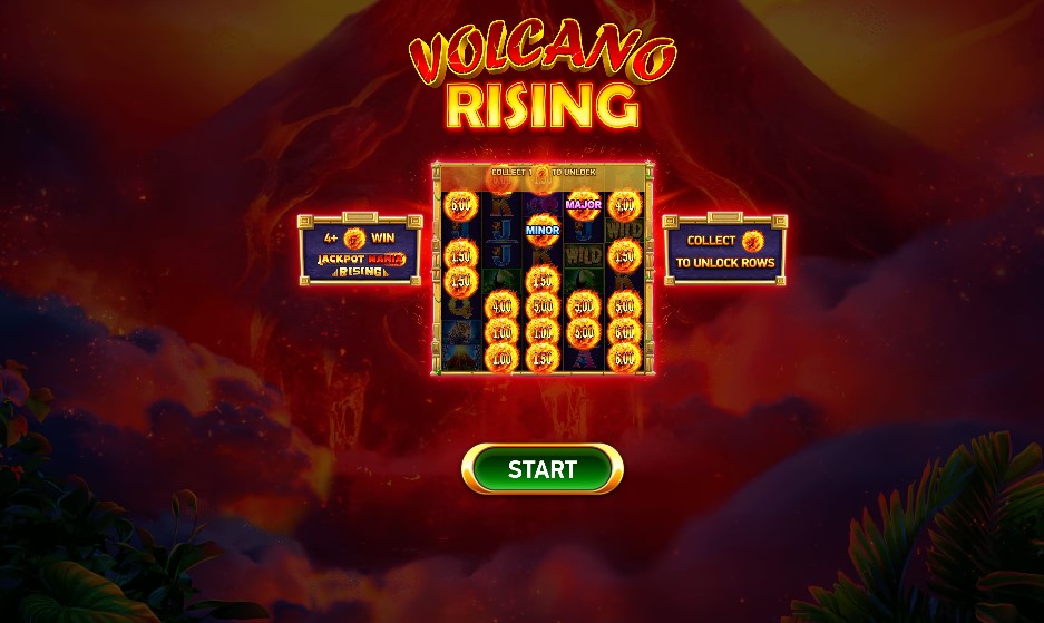 Pantalla de bienvenida de Volcano Rising con el logo sobre un volcán en erupción, el botón START y los carteles de Jackpot Mania Rising