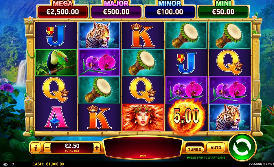Rodillos de Volcano Rising con los jackpots Mega de 2.500, Major de 500, Minor de 100 y Mini de 50 euros sobre la grilla de 5x4